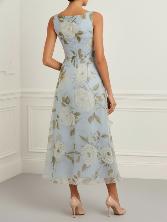 Light Blue 3D Floral Chiffon Boat Neck Sleeveless A-Line Midi Dress