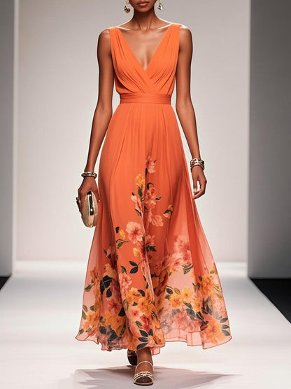 Orange Floral Chiffon V Neck Sleeveless A-Line Maxi Dress