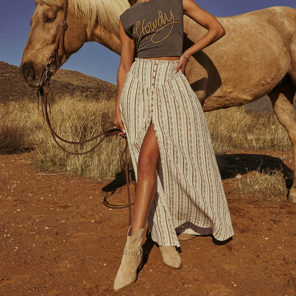 Western Spring Outfits Cotton Blend Floral Stripe Maxi Skirt With Button Front And High Slit For Boho Style
