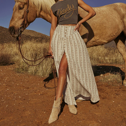 Western Spring Outfits Cotton Blend Floral Stripe Maxi Skirt With Button Front And High Slit For Boho Style