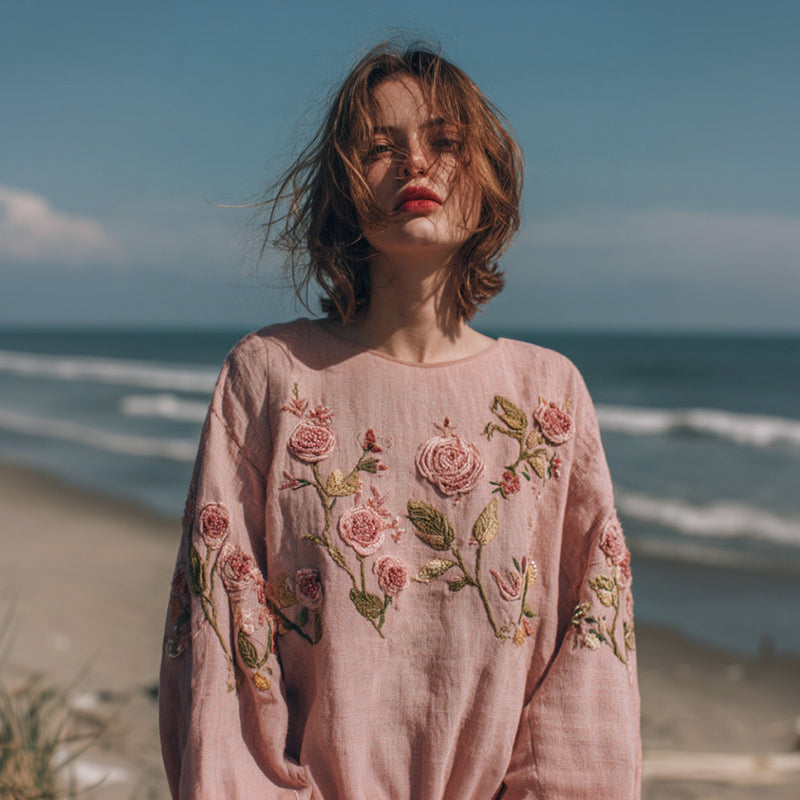 Women's Bohemian Rose Embroidered Round Neck Comfortable Linen Top