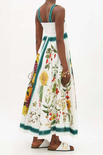 ITALIAN COASTLINE FRUIT FLORAL PRINT BACK SMOCKED MAXI DRESS