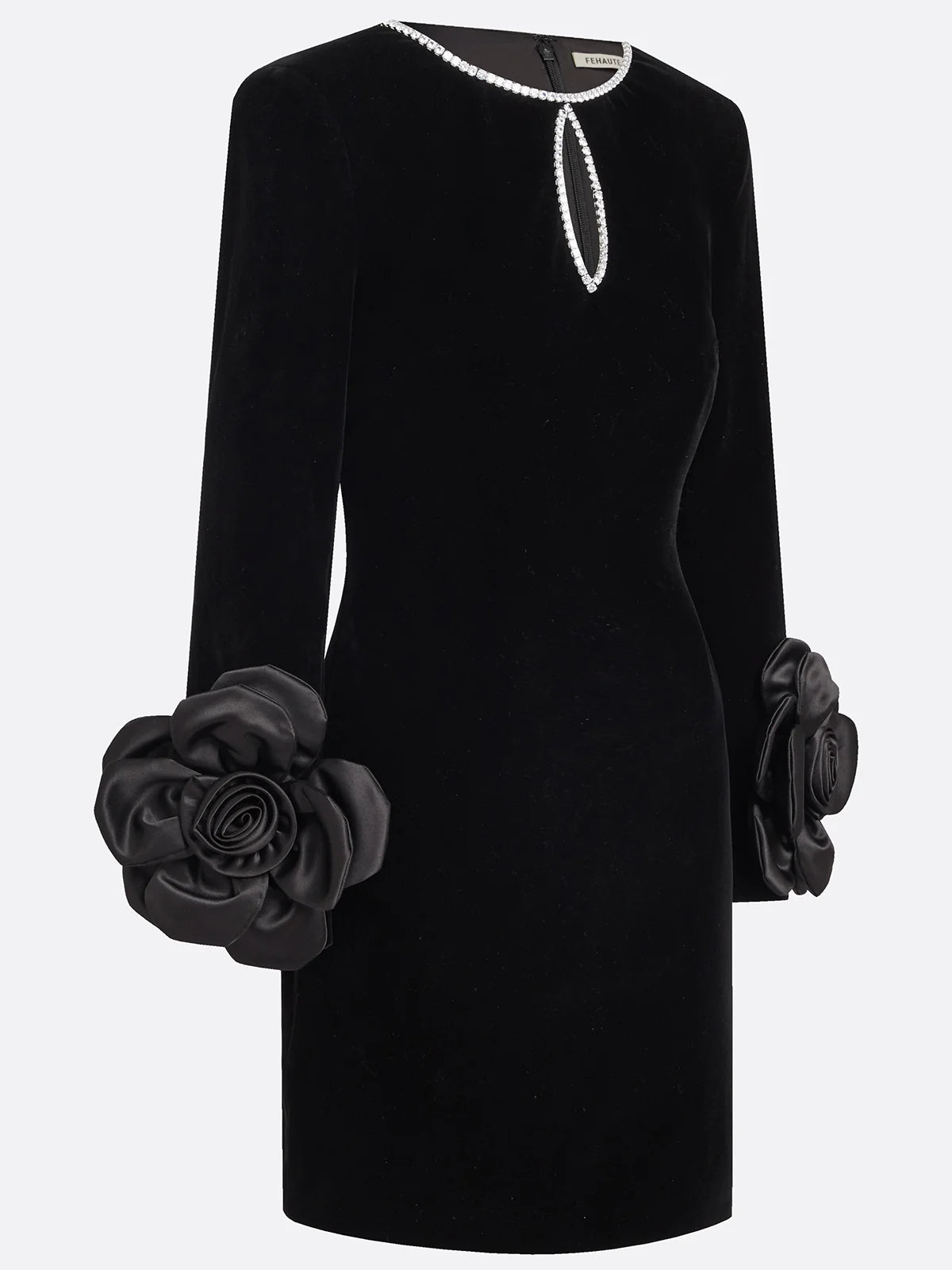 Black 3D Floral Rhinestone Velvet Crew Neck Long Sleeve Sheath Mini Dress