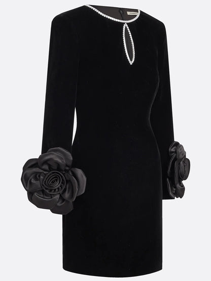 Black 3D Floral Rhinestone Velvet Crew Neck Long Sleeve Sheath Mini Dress