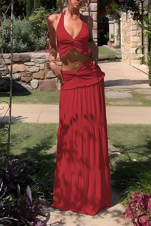 Halter Neck Twist Knot Crop Top + High-Waisted Layered Long Skirt Set