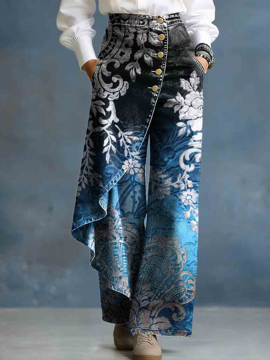 Women's Vintage Blue Gradient Floral Print Stylish Design High-waisted Relaxed Fit Wide-leg Jeans