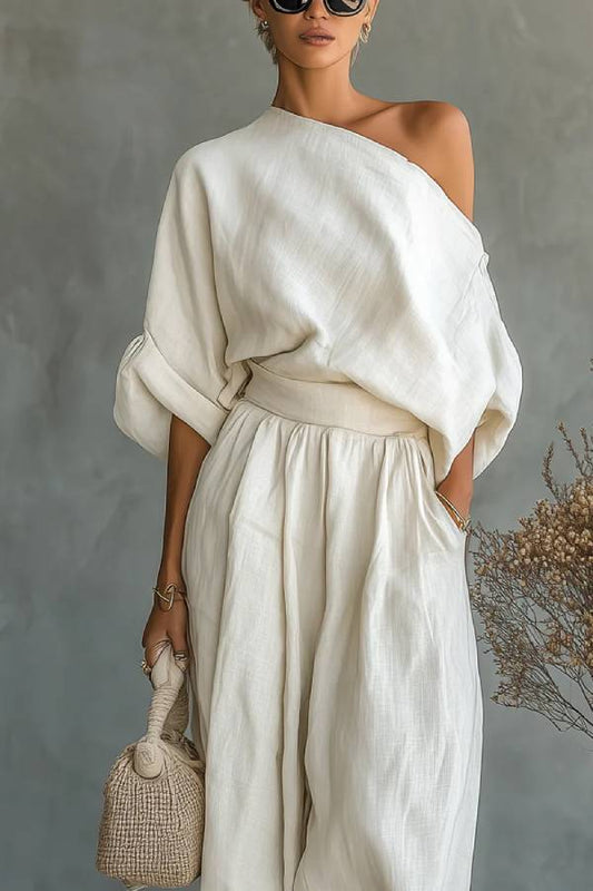 Off-white Linen Off-shoulder Loose Casual Top And Tapered Pants Set