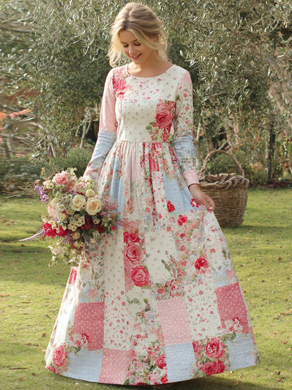 Vintage Floral Art Women's Linen Long Sleeve Maxi Dress