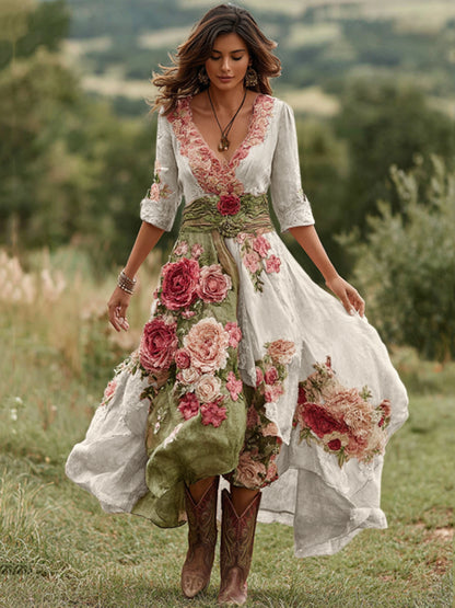 Women's Vintage Floral Art V Neck Linen Blend Maxi Dress 10e8