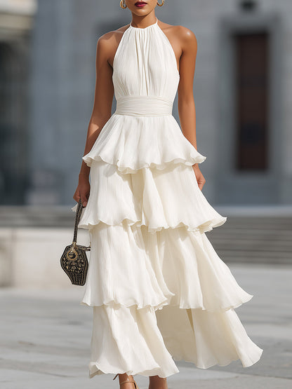 Halter Neck Tiered Pleated Chiffon Maxi Dress