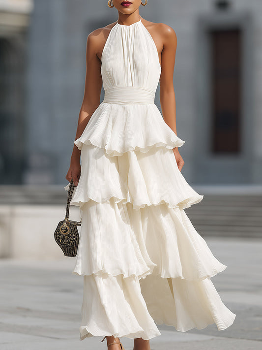 Halter Neck Tiered Pleated Chiffon Maxi Dress