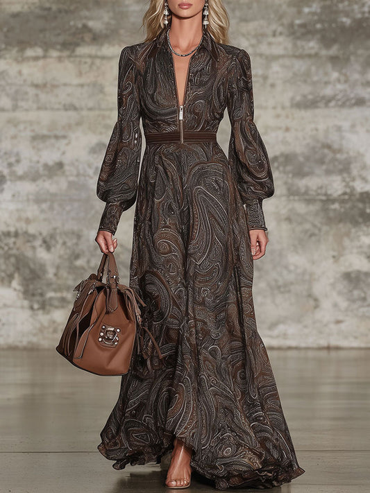 Fashion Retro Paisley Pattern Zipper Maxi Dress