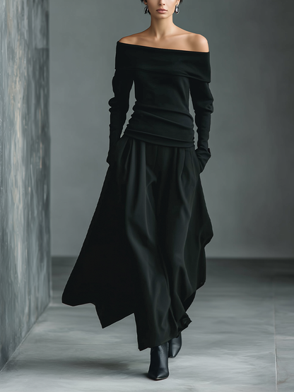 Women’s Black Knit Off-the-Shoulder Long Sleeve Ruched Waist Fitted Top MDA0400L1T