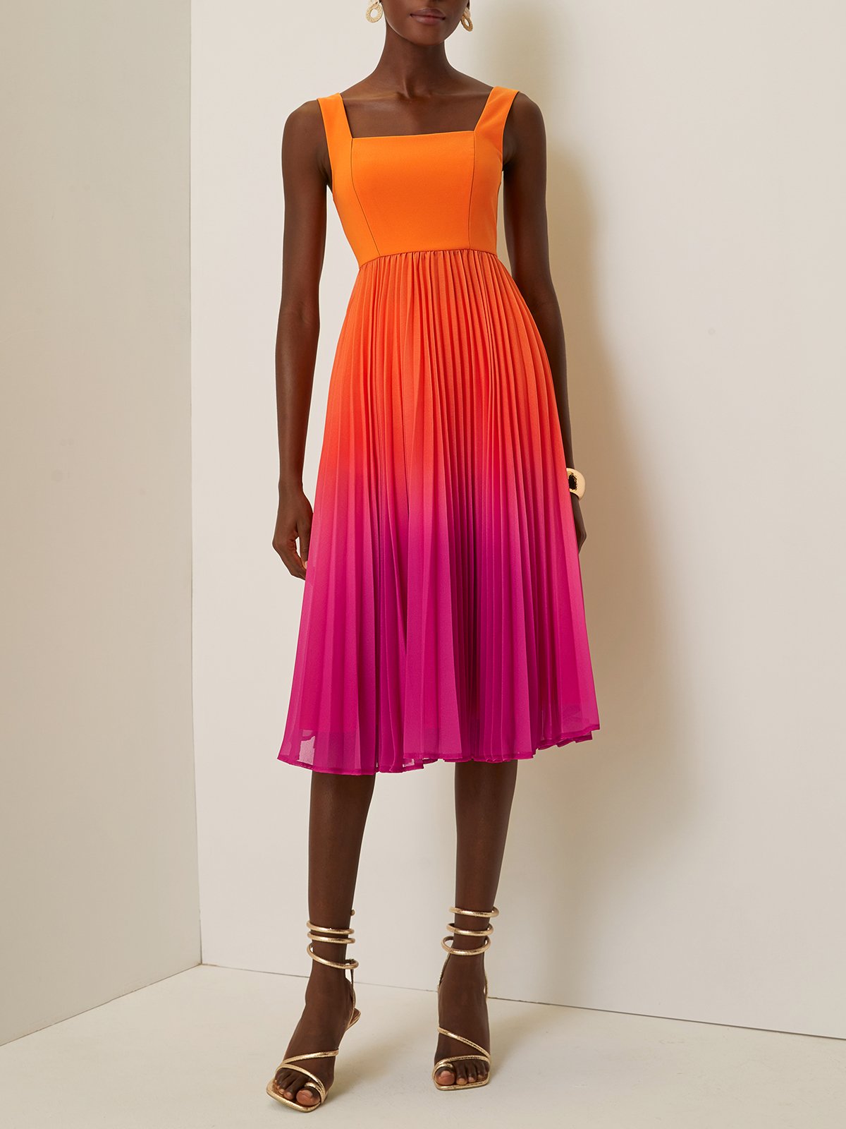 Orange Pleated Ombre Classic Square Neck Sleeveless A-Line Midi Dress