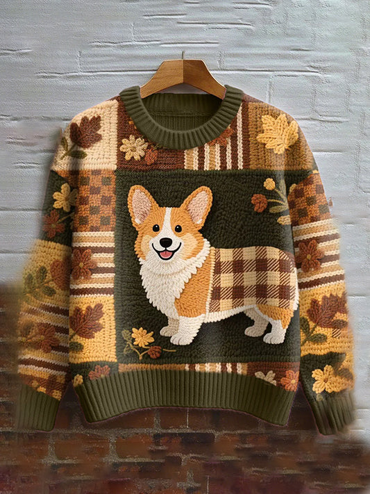 Vintage Corgi Dog With Felt Inspired Embroidered Cozy Knit Sweater