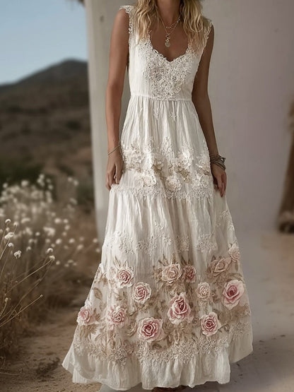 Vintage Boho Pink Roses Embroidered Flowy Lace Linen Maxi Dress
