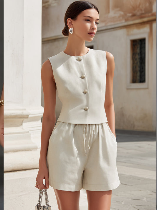 Tailored Vest & Drawstring Shorts Linen-Blend Two-Piece Set
