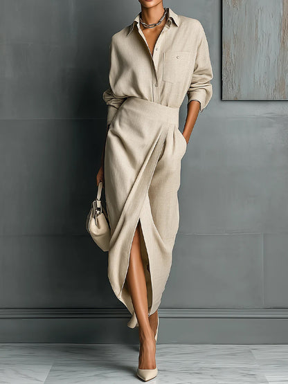 Casual Linen And Cotton Shirt And Skirt Two-piece Set