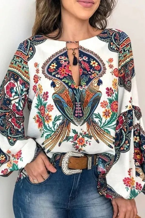 Lilly Floral Bird Print Off Shoulder Top