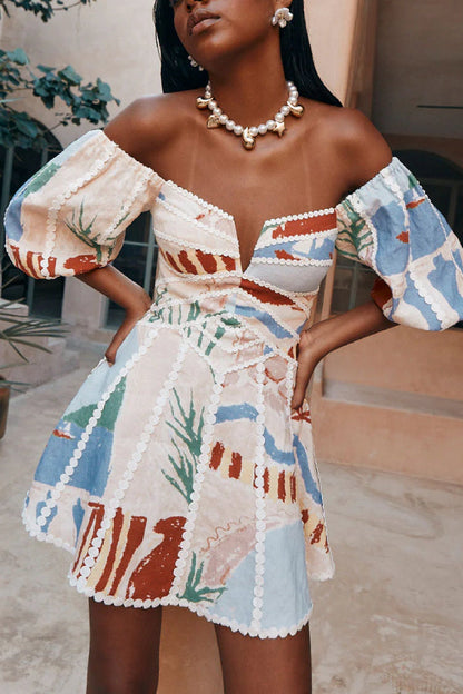 Linen Blend Trims Unique Print Puff Sleeve Mini Dressc