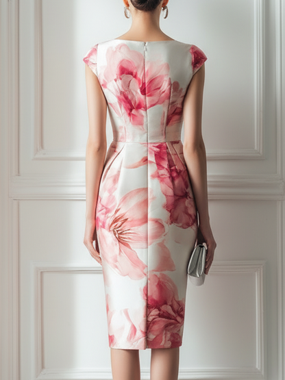 Pink Floral Satin Boat Neck Short Sleeve Sheath Midi Dress