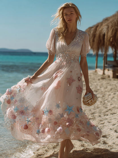 Bohemian Dreamy Ocean V-neck Short Sleeve Dress