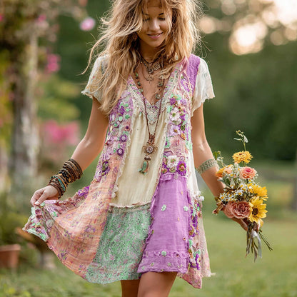 Women's Retro Floral Splicing Cotton And Linen Short Dress 6833