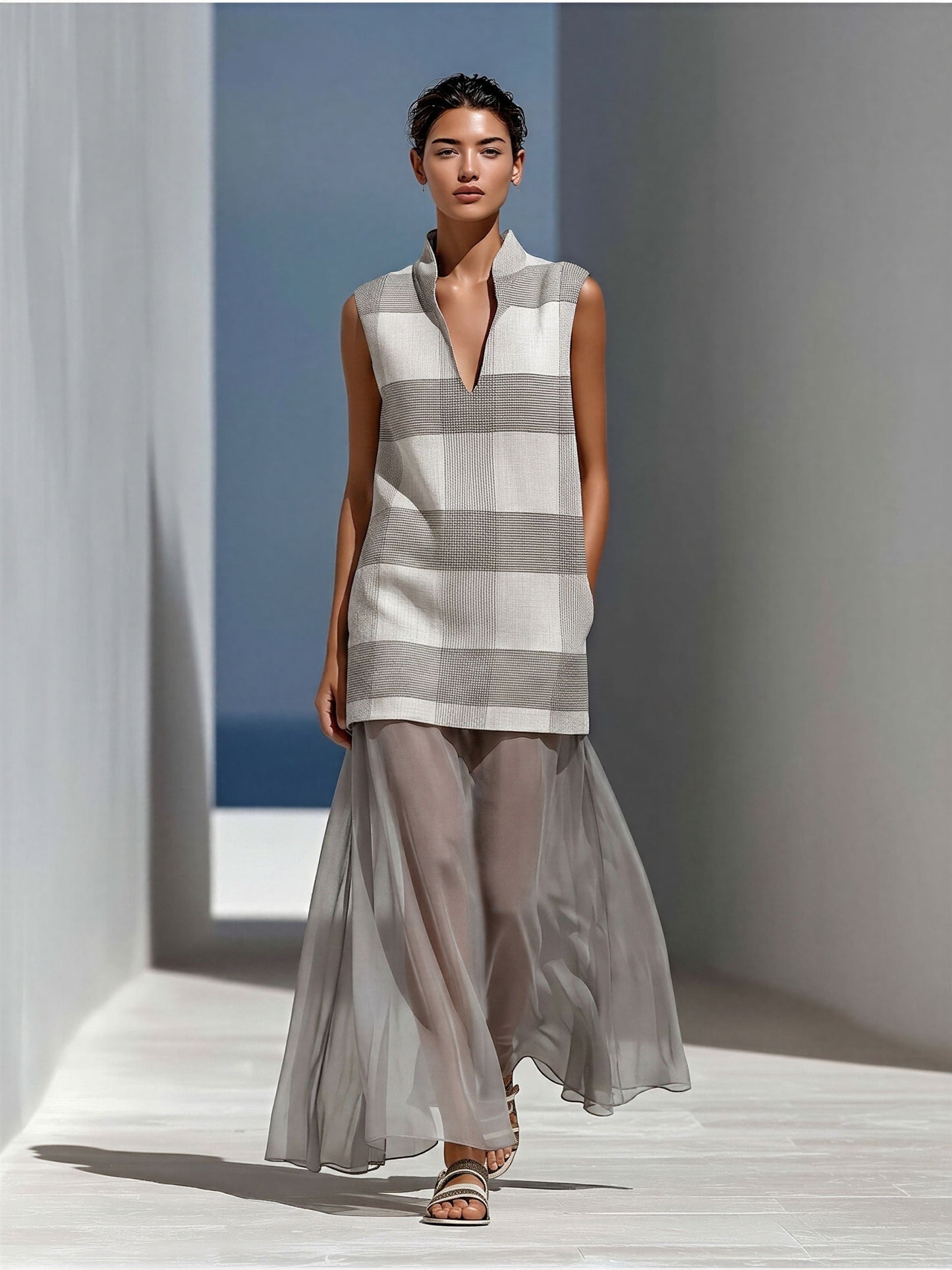 Women’s Grey Plaid Sleeveless Tunic Top & Sheer Chiffon Maxi Skirt Two-Piece Set MDZ2824D9T