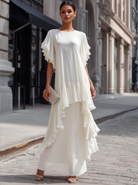 Layered Ruffle Sleeve Asymmetric Tiered Maxi Dress