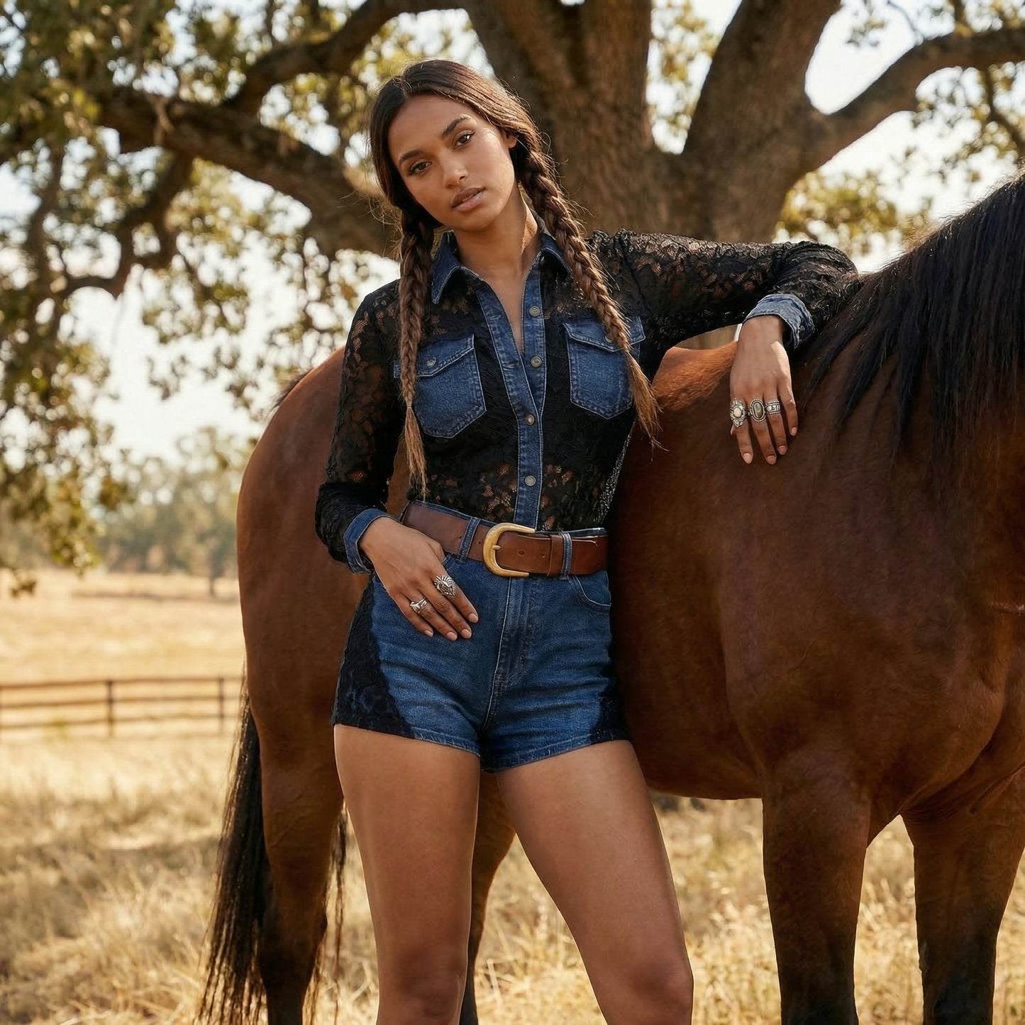 Lace Color-blocked Denim Long-sleeved Jumpsuit, Western-style Women's Shirt Collar Jumpsuit Shorts