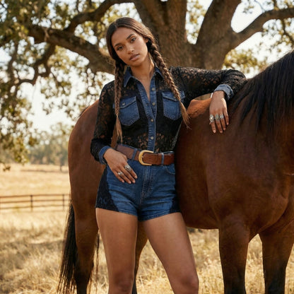 Lace Color-blocked Denim Long-sleeved Jumpsuit, Western-style Women's Shirt Collar Jumpsuit Shorts