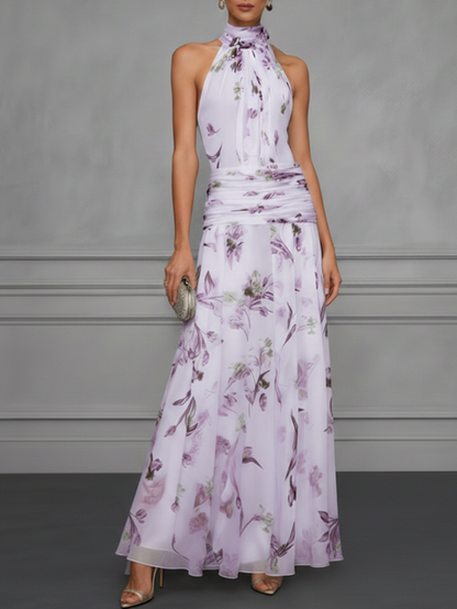 White Ruched Floral Chiffon Halter Neck Sleeveless A-Line Floor-length Gown Dress