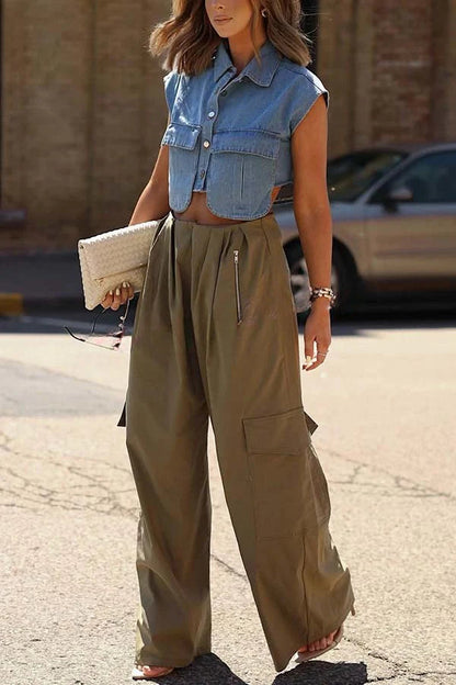 Great Week Pleated Elastic Waist Zipper Pocket Wide Leg Cargo Pants