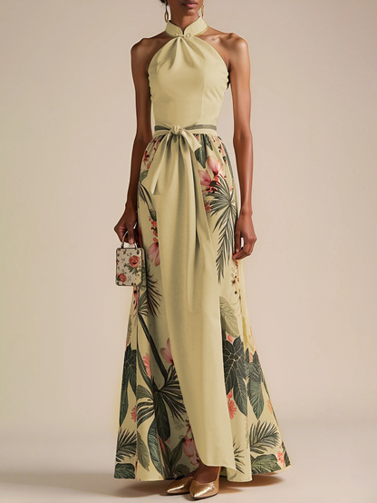 Beige Bow Satin Halter Floral Sleeveless A-Line Maxi Dress
