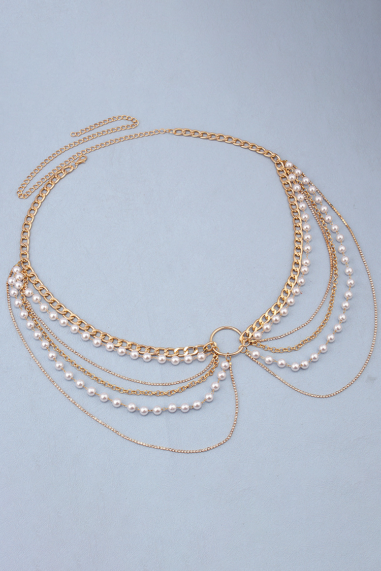 Layered Pearls Metallic Fashionable Waist Chain