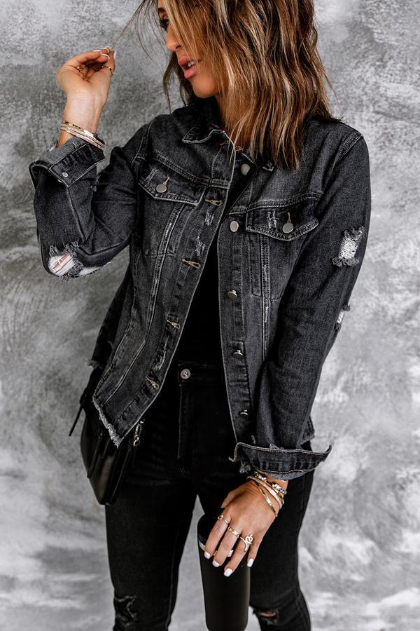 Lapel Distressed Raw Hem Buttons Denim Jacket