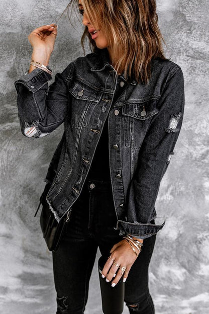 Lapel Distressed Raw Hem Buttons Denim Jacket