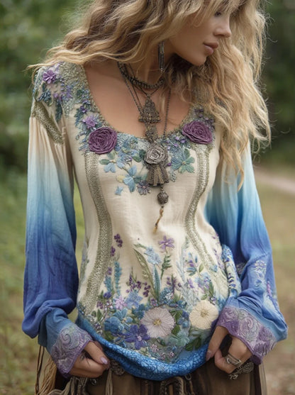 Classy Gradient Purple Lavender And Floral Embroidered Linen Long Sleeve Shirt d426