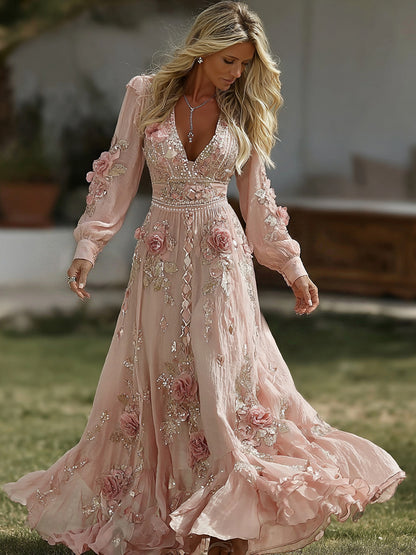Women's Pink Rose Embroidered Art V-neck Midi Dress