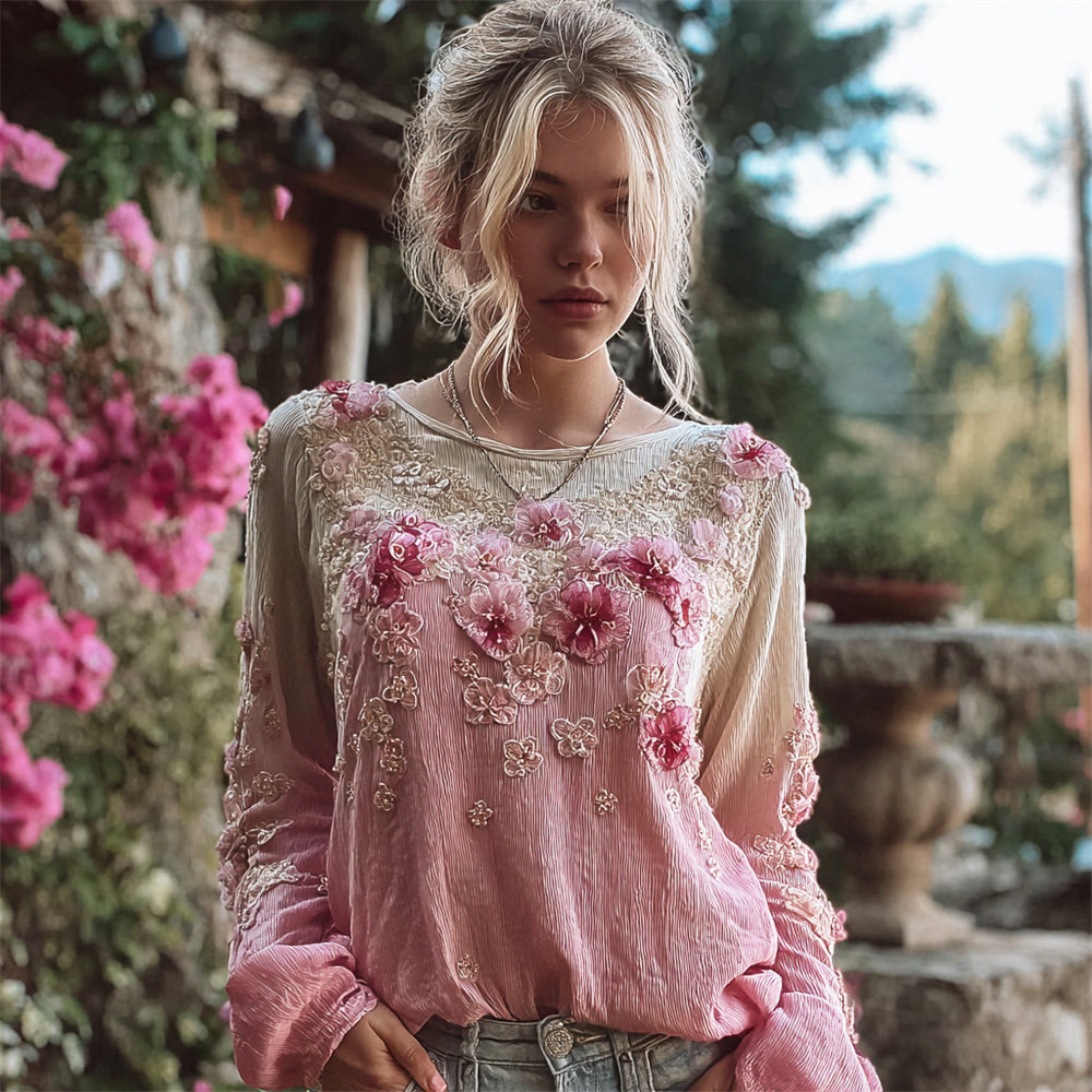 Boho Vintage Floral Lace Embroidered Women's Linen Long Sleeve Shirt