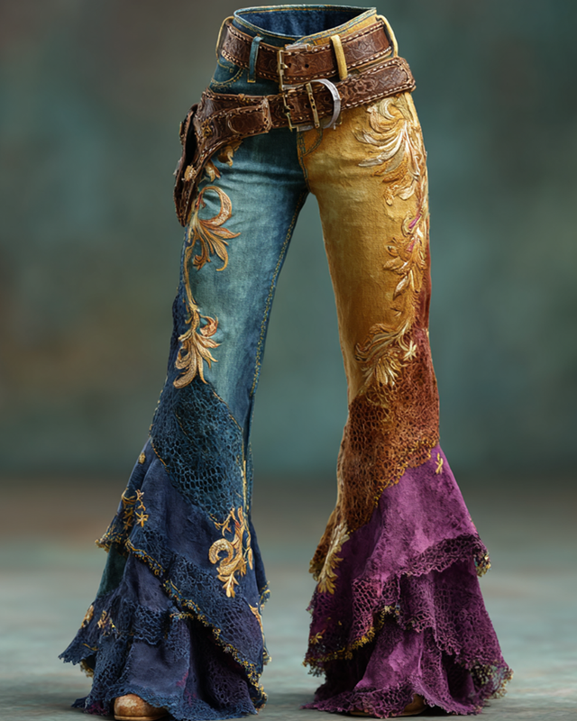 Women's Spring Floral Embroidery Ruffled Patchwork Tie-Dye Gradient Denim Jeans
