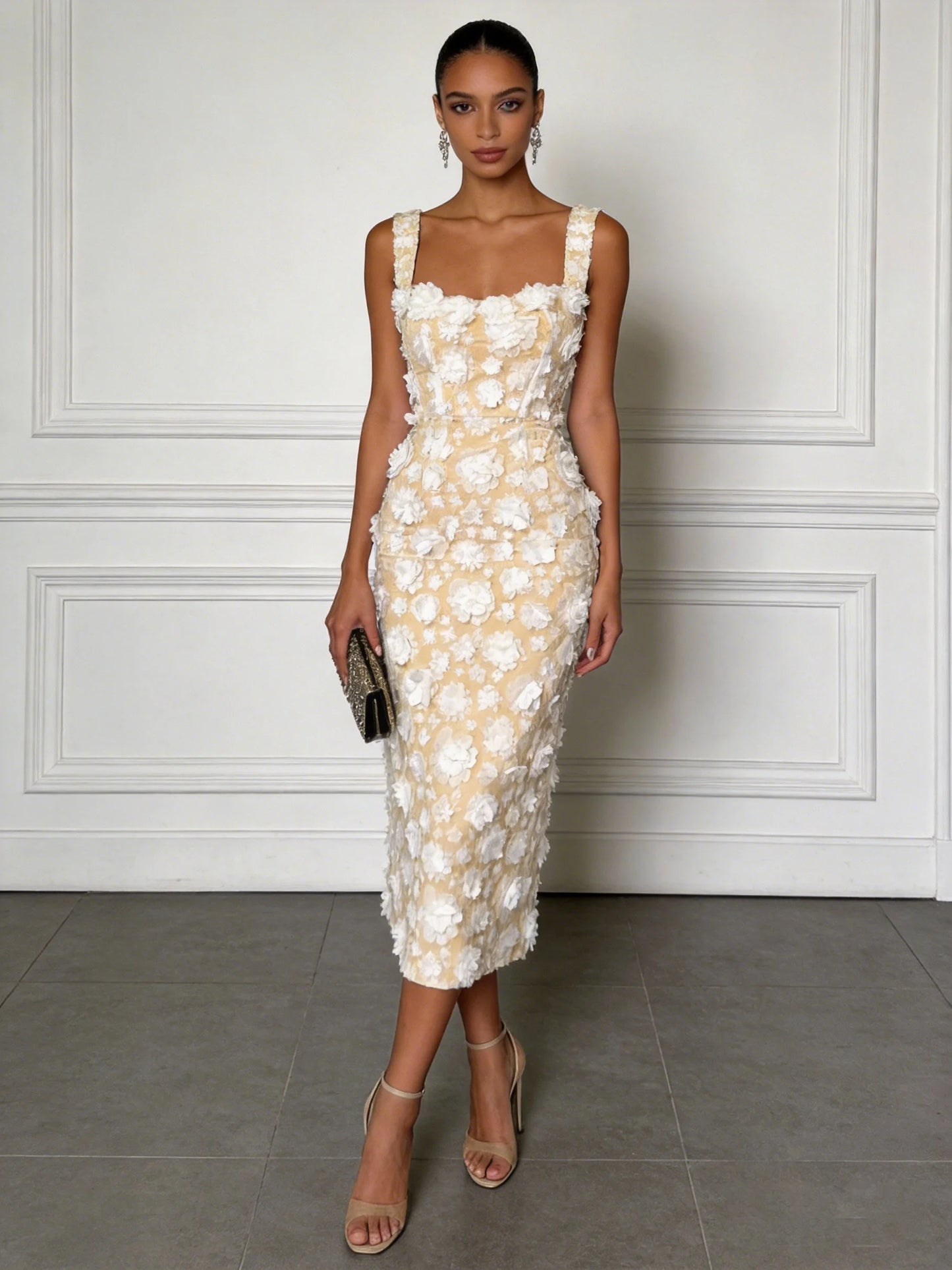 White 3D Floral Classic Square Neck Sleeveless Sheath Midi Dress