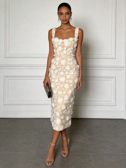 White 3D Floral Classic Square Neck Sleeveless Sheath Midi Dress