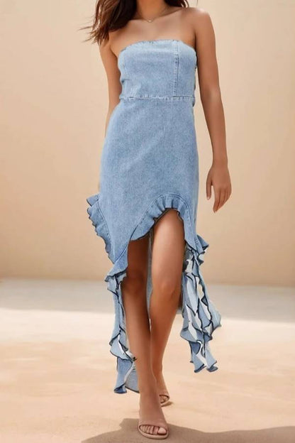 Light Blue Denim Strapless Ruffle Slit Bodycon Dress