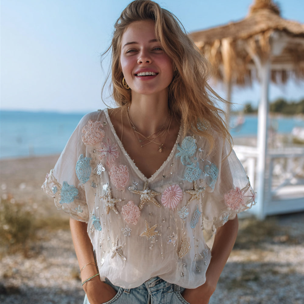 Vintage Bohemian Marine Creature Comfort Linen V-neck Short-sleeved Top
