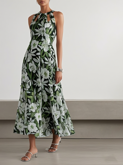 Green Floral Hollow Out Chiffon Halter Crew Neck Sleeveless A-Line Maxi Dress
