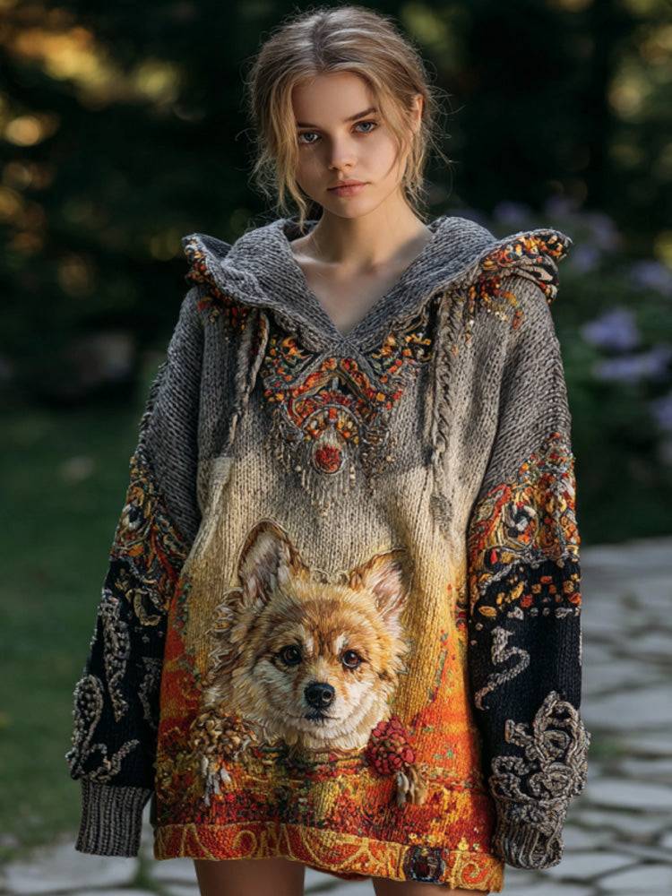 Women's Vintage Dog Embroidered Hooded Sweater