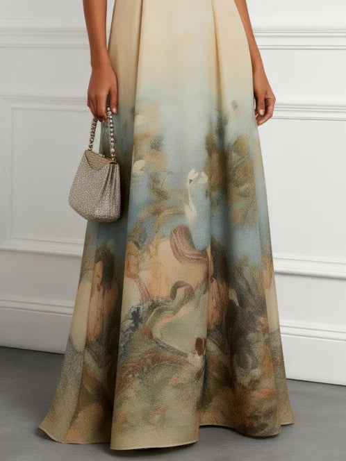 Light Khaki Floral Classic Halter Sleeveless A-Line Floor-length Gown Dress