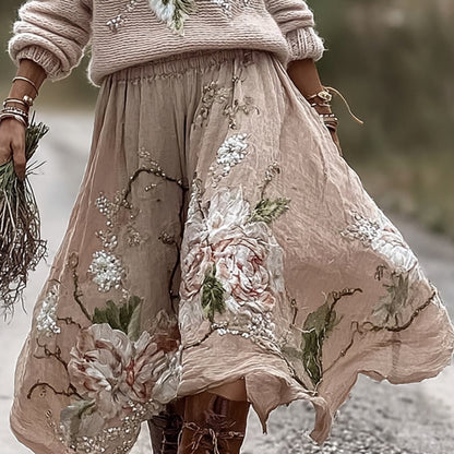 Vintage Rose In Pink Art Cozy Knit Turtleneck Sweater And Linen Skirt Two-piece Set