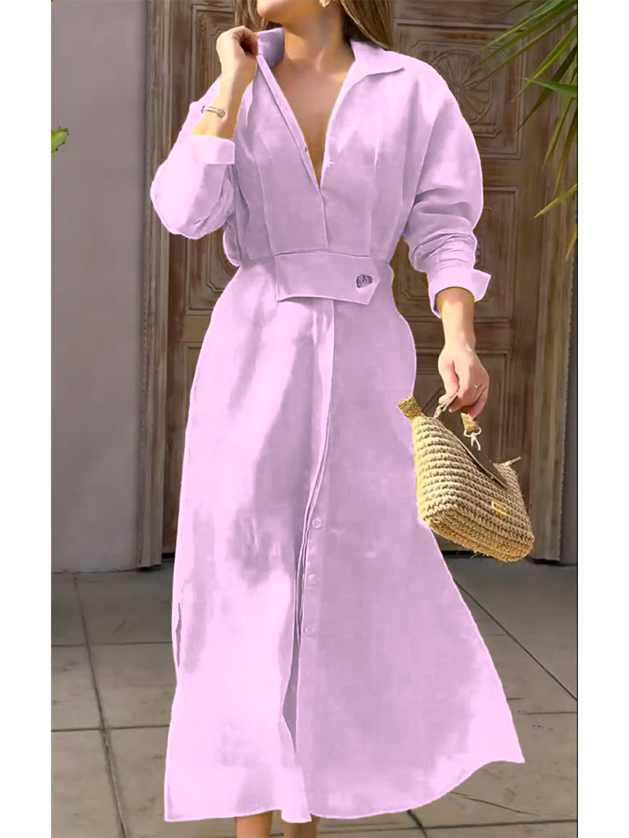 Women's Waisted Linen Cotton Long Sleeve Dress